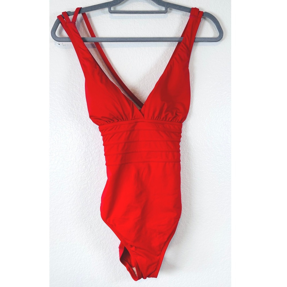 La Blanca Red Strappy Cross Back One Piece Swimsuit V-Neck Ruched Waist Fits M